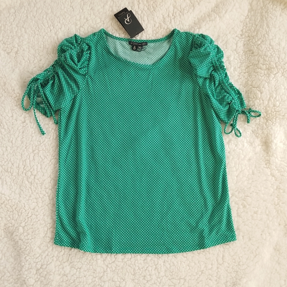 Adrianna Papell women short ruched tie sleeve polka dot top sz s